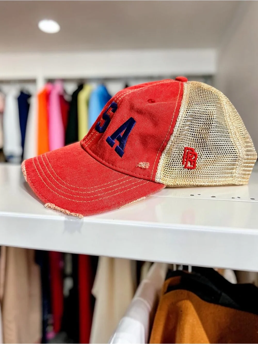 Original Retro Brand Red and Beige USA Embroidered Trucker Hat